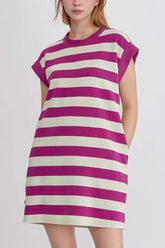 Stripe Cap Sleeve Pocketed Shift Tee Dress OutfitFlow